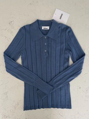 Minimum Pollys 3059 Polo Lg Slv 3 Button Ribbed Knit Polo Shirt Med Blue Sz XS